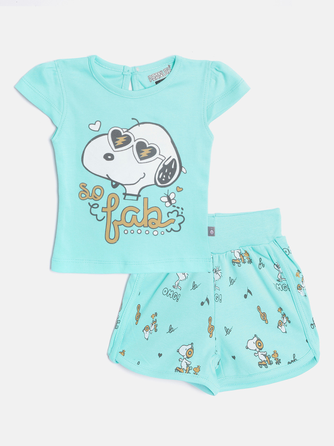 

TINYO Infant Girls Sea Green & White Pure Cotton Snoopy Print Top with Shorts