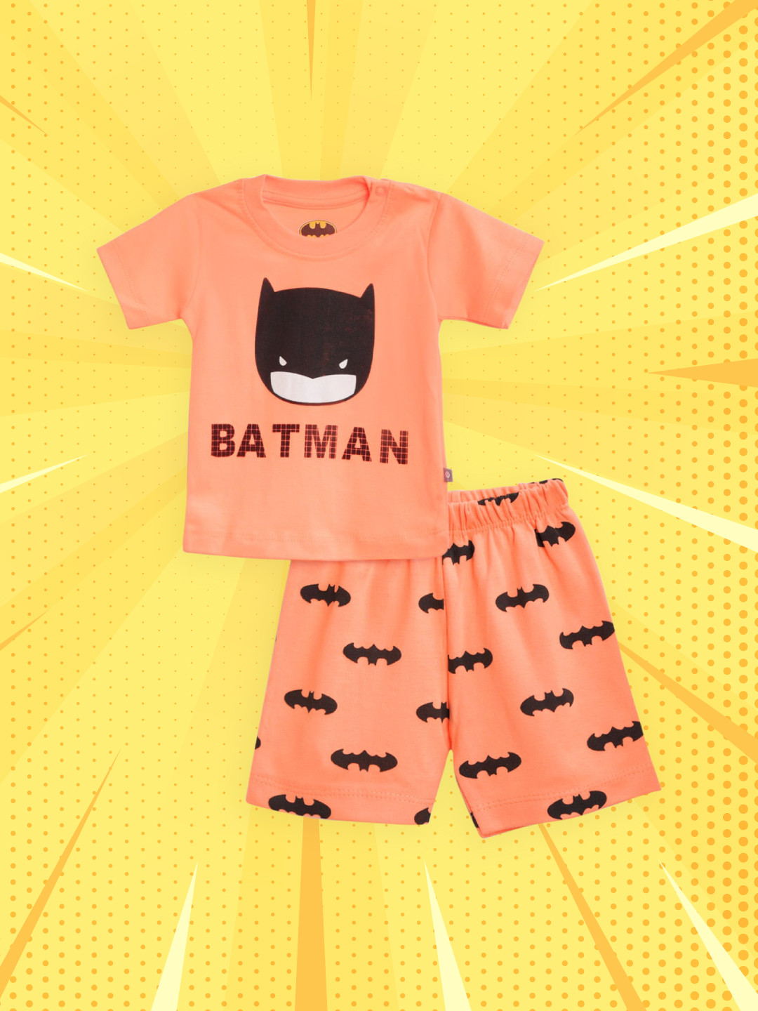 

TINYO Infant Boys Coral Orange & Black Pure Cotton Batman Print T-shirt with Shorts
