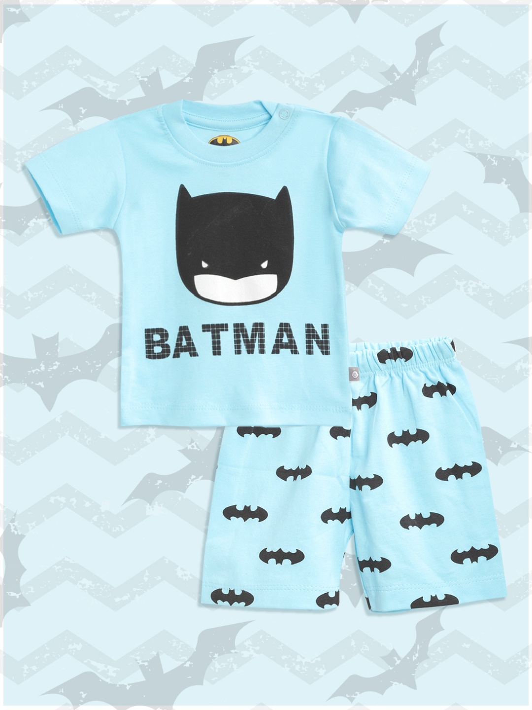 

TINYO Infant Boys Blue & Black Pure Cotton Batman Print T-shirt with Shorts