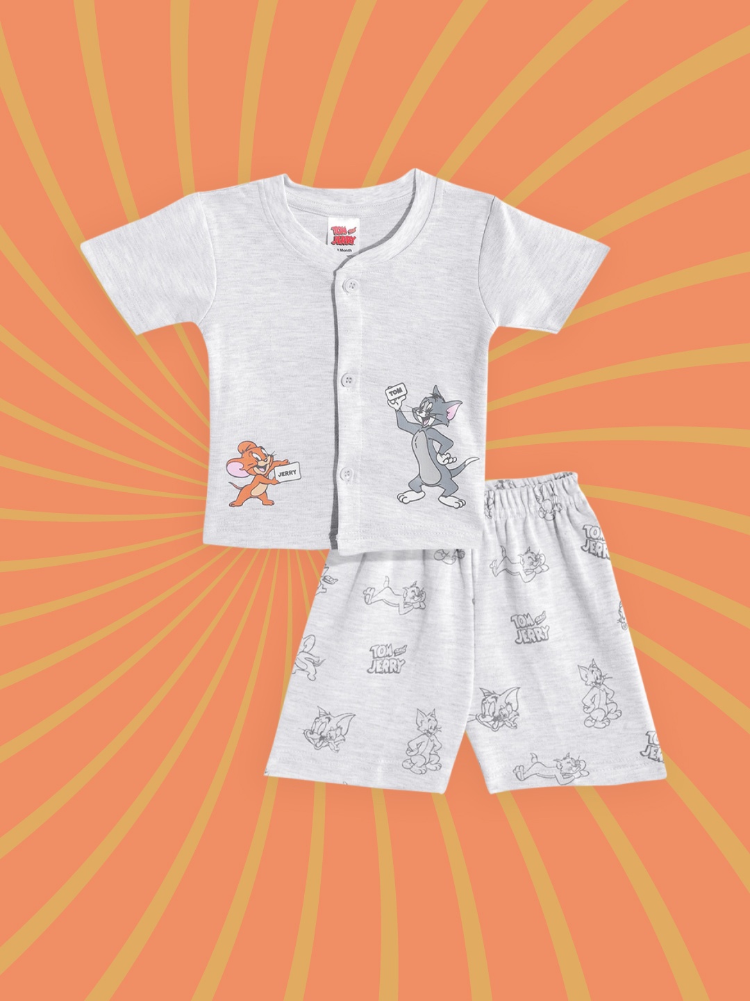 

TINYO Infants Grey Melange Tom & Jerry Printed Cotton Jhabla with Shorts