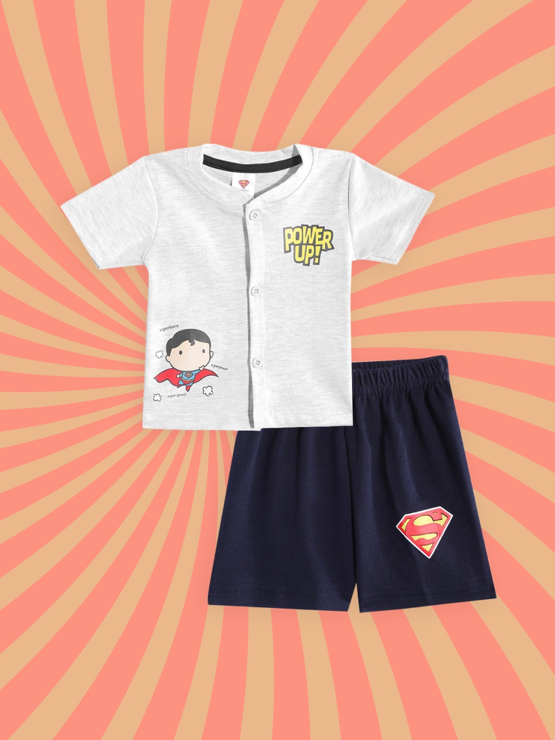 

TINYO Infant Boys Grey & Navy Blue Superman Print Pure Cotton T-shirt with Shorts
