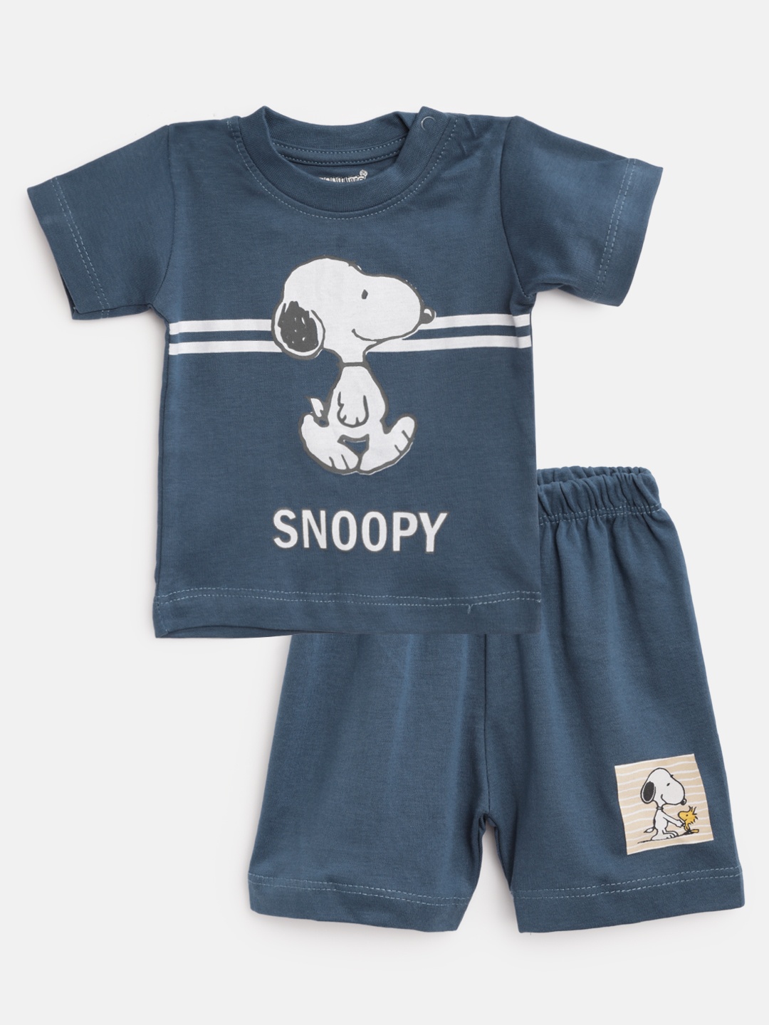 

TINYO Infant Boys Navy & White Pure Cotton Snoopy Print T-shirt with Shorts, Navy blue