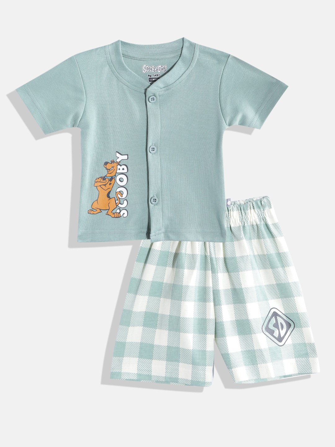 

TINYO Infant Boys Green & Off White Scooby Doo Print Pure Cotton T-shirt with Shorts