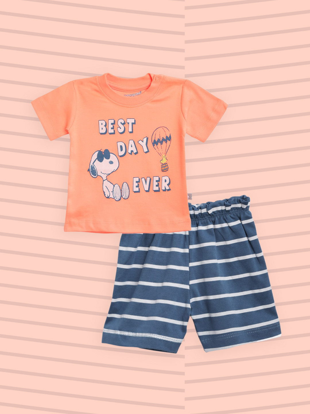 

TINYO Infant Boys Coral Orange & Navy Pure Cotton Snoopy Print T-shirt with Striped Shorts