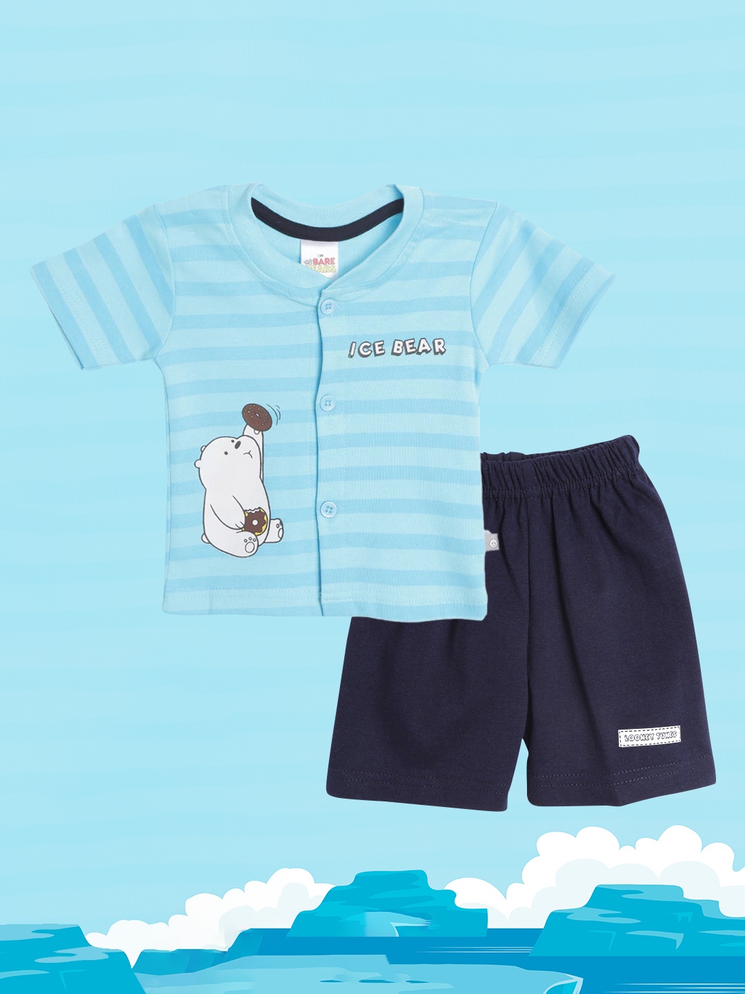 

TINYO Boys Blue & White Pure Cotton Graphic Print T-shirt with Shorts
