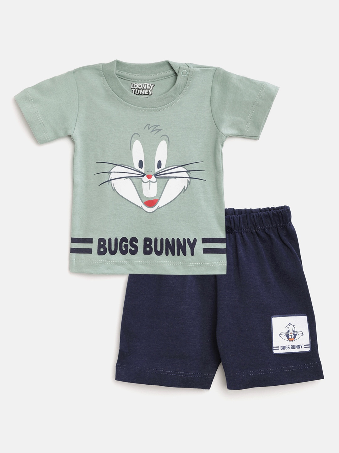 

TINYO Infant Boys Sage Green & Navy Pure Cotton Bugs Bunny Print T-shirt with Shorts