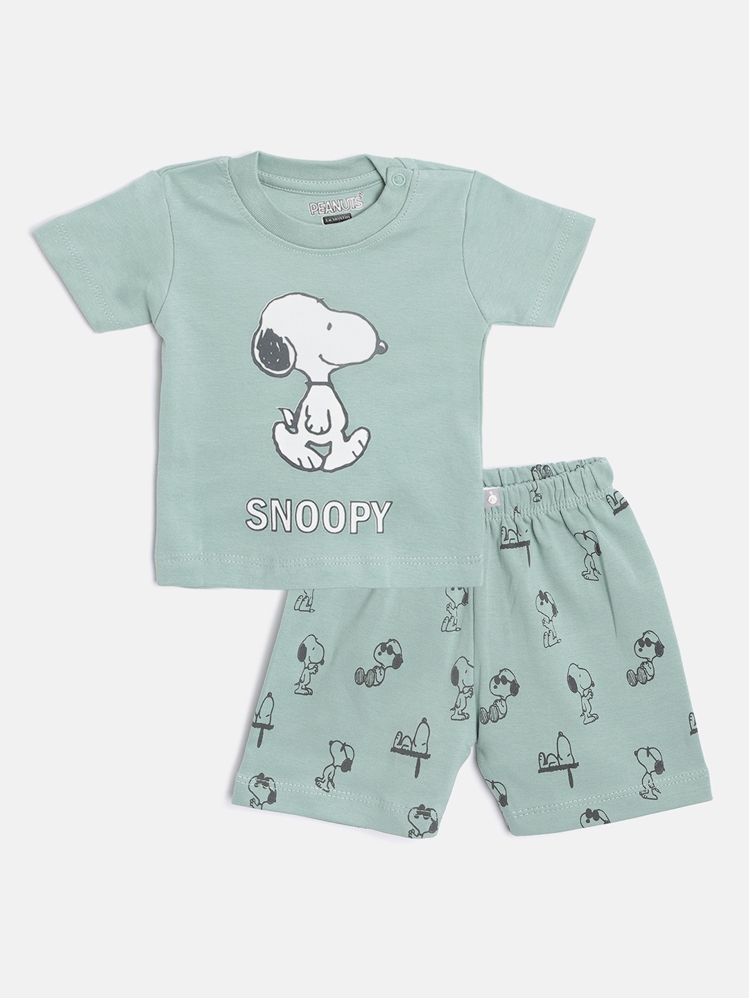 

TINYO Infant Boys Sage Green & White Pure Cotton Snoopy Print T-shirt with Shorts