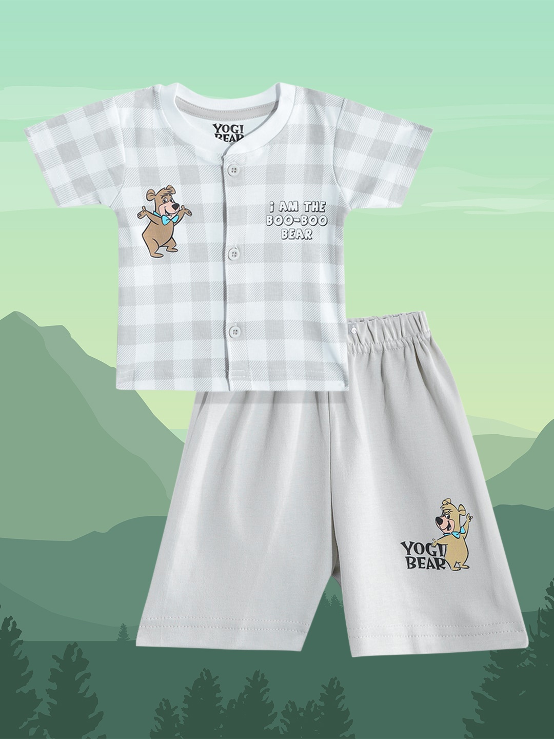 

TINYO Infant Boys Grey & Off White Yogi Bear Print Pure Cotton T-shirt with Shorts