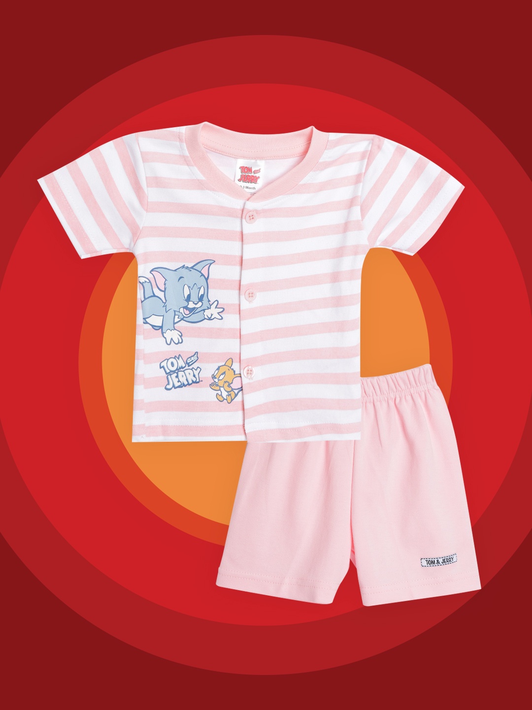 

TINYO Infant Girls White & Pink Striped & Tom & Jerry Print Cotton Clothing Set