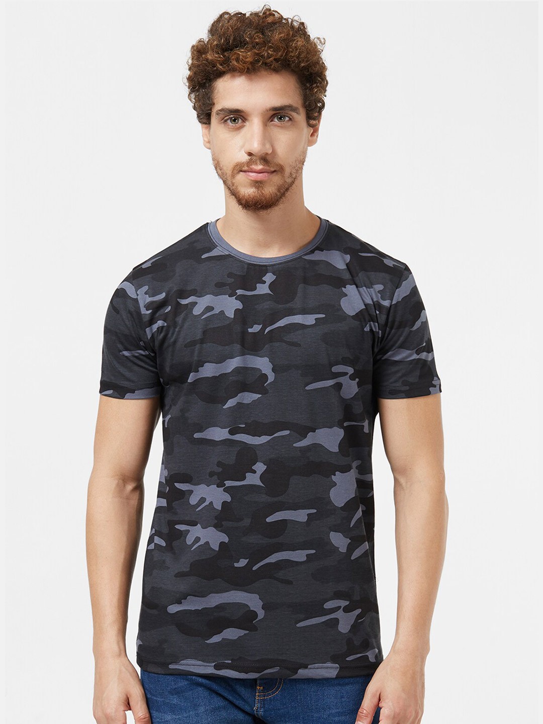 

Wear Your Opinion Men Grey Camouflage Printed Cotton T-shirt