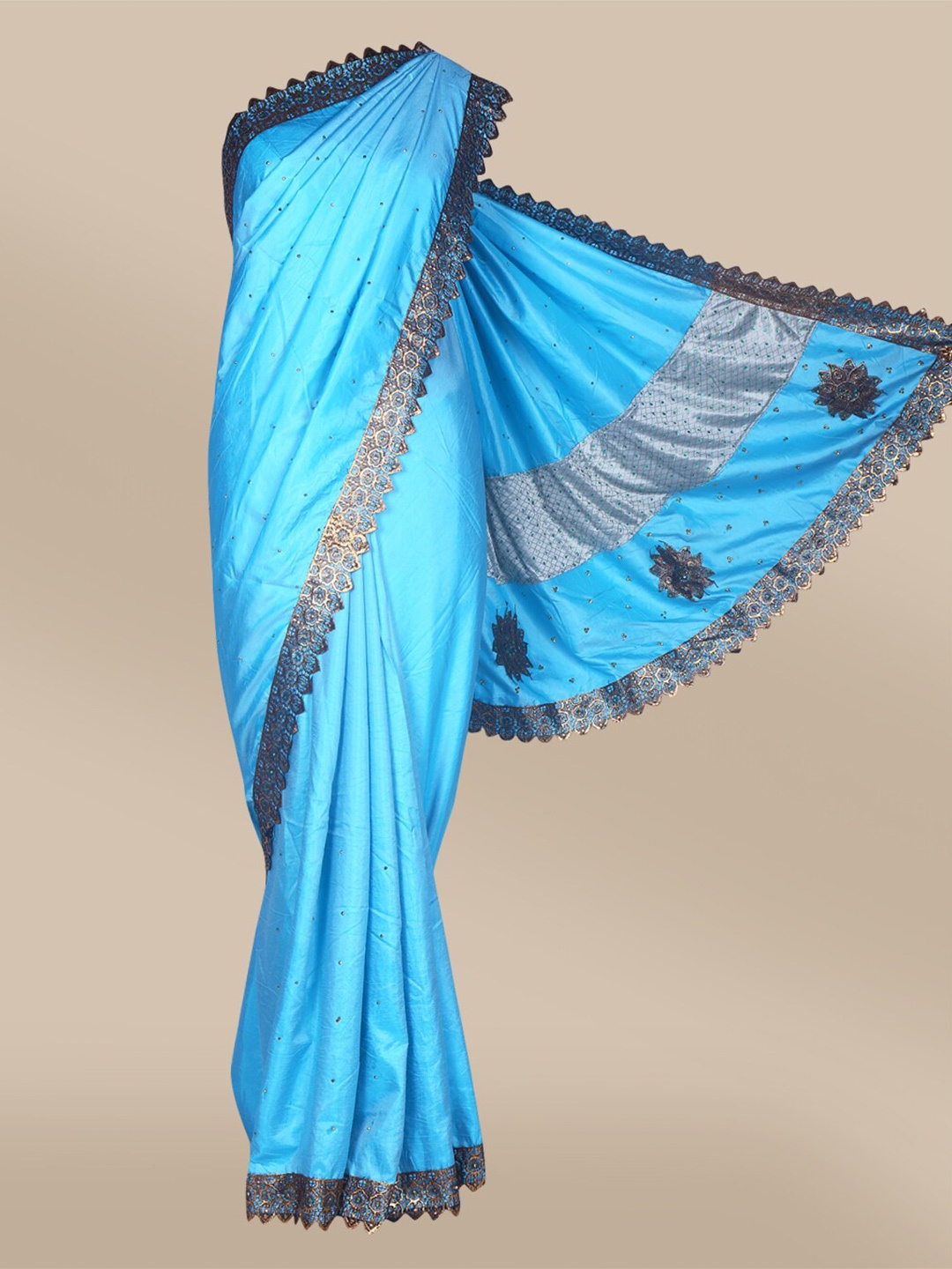 

The Chennai Silks Blue & Copper-Toned Embellished Beads and Stones Bhagalpuri Saree