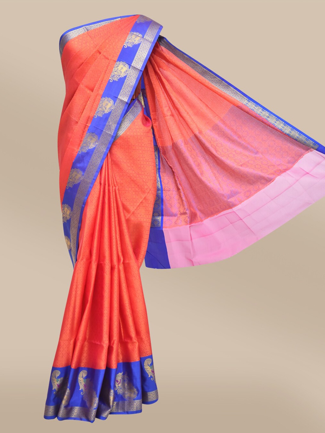 

The Chennai Silks Red & Blue Ethnic Motifs Zari Organza Fusion Banarasi Saree