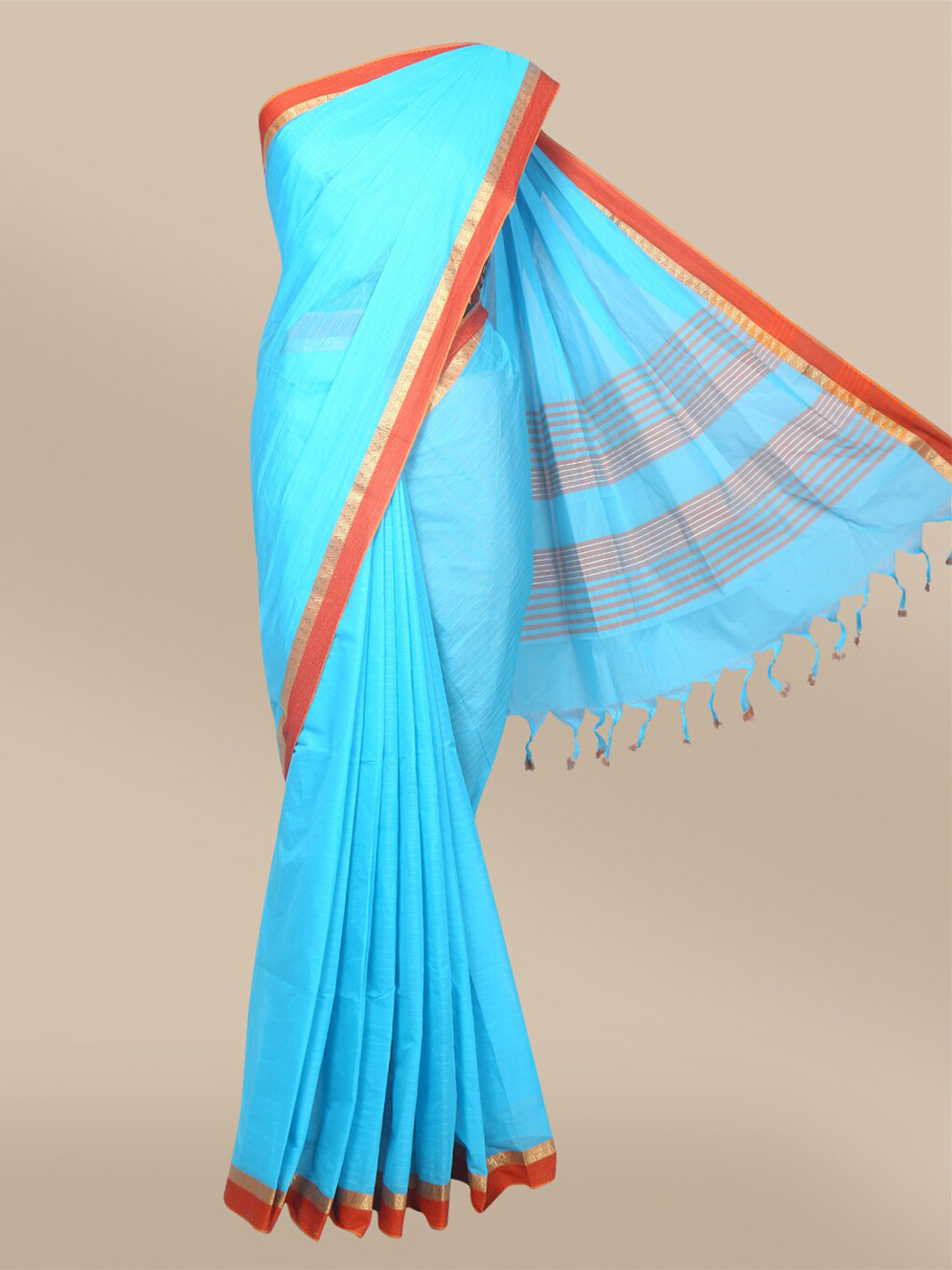 

The Chennai Silks Blue Striped Zari Pure Cotton Narayan Peth Saree