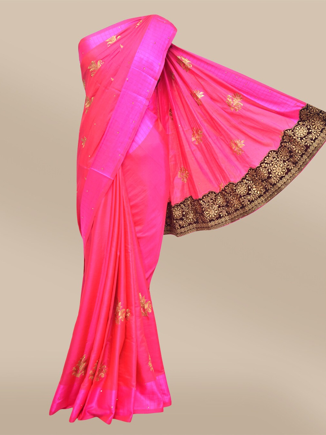 

The Chennai Silks Pink & Gold-Toned Floral Embroidered Bhagalpuri Saree