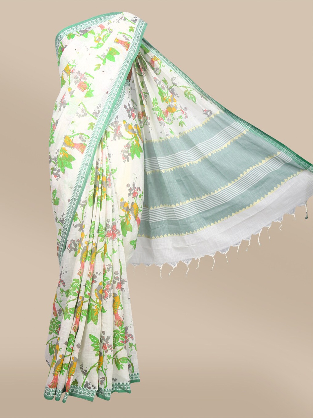 

The Chennai Silks Off White & Green Floral Pure Cotton Fusion Narayan Peth Saree