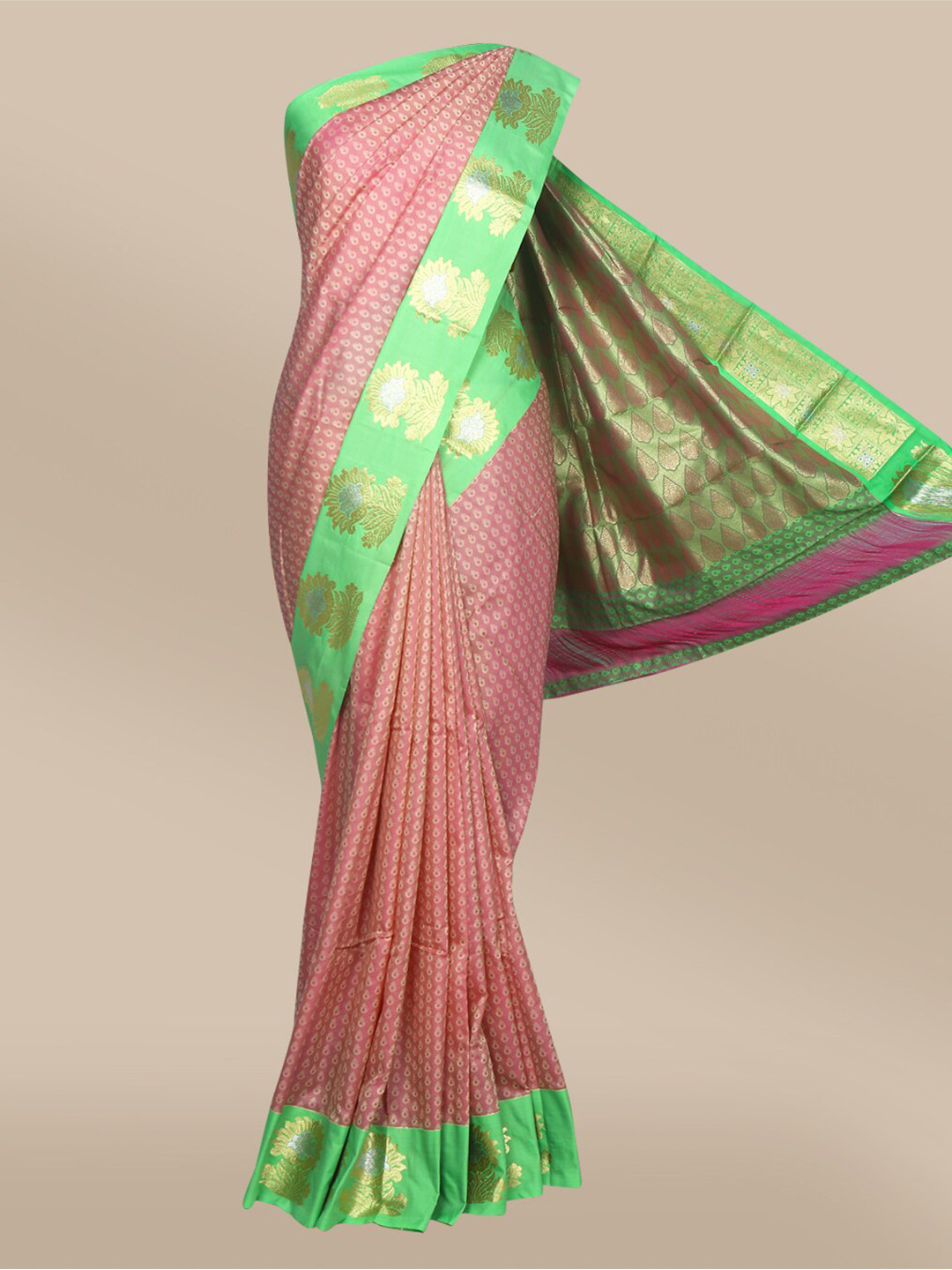 

The Chennai Silks Pink, Gold-Toned & Green Ethnic Motifs Zari Art Silk Saree
