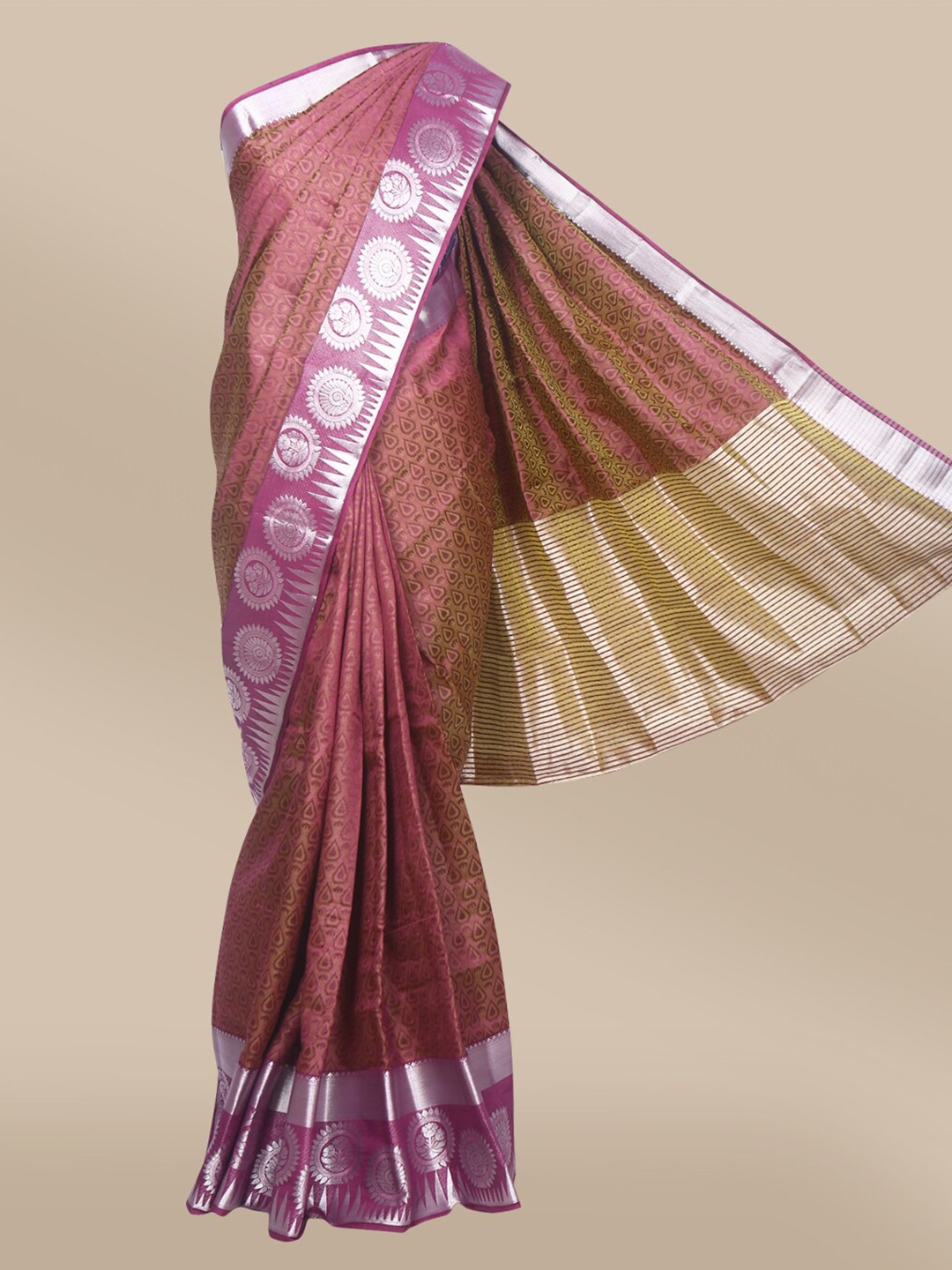 

The Chennai Silks Purple, Beige & Silver-Toned Ethnic Motifs Zari Jute Cotton Saree
