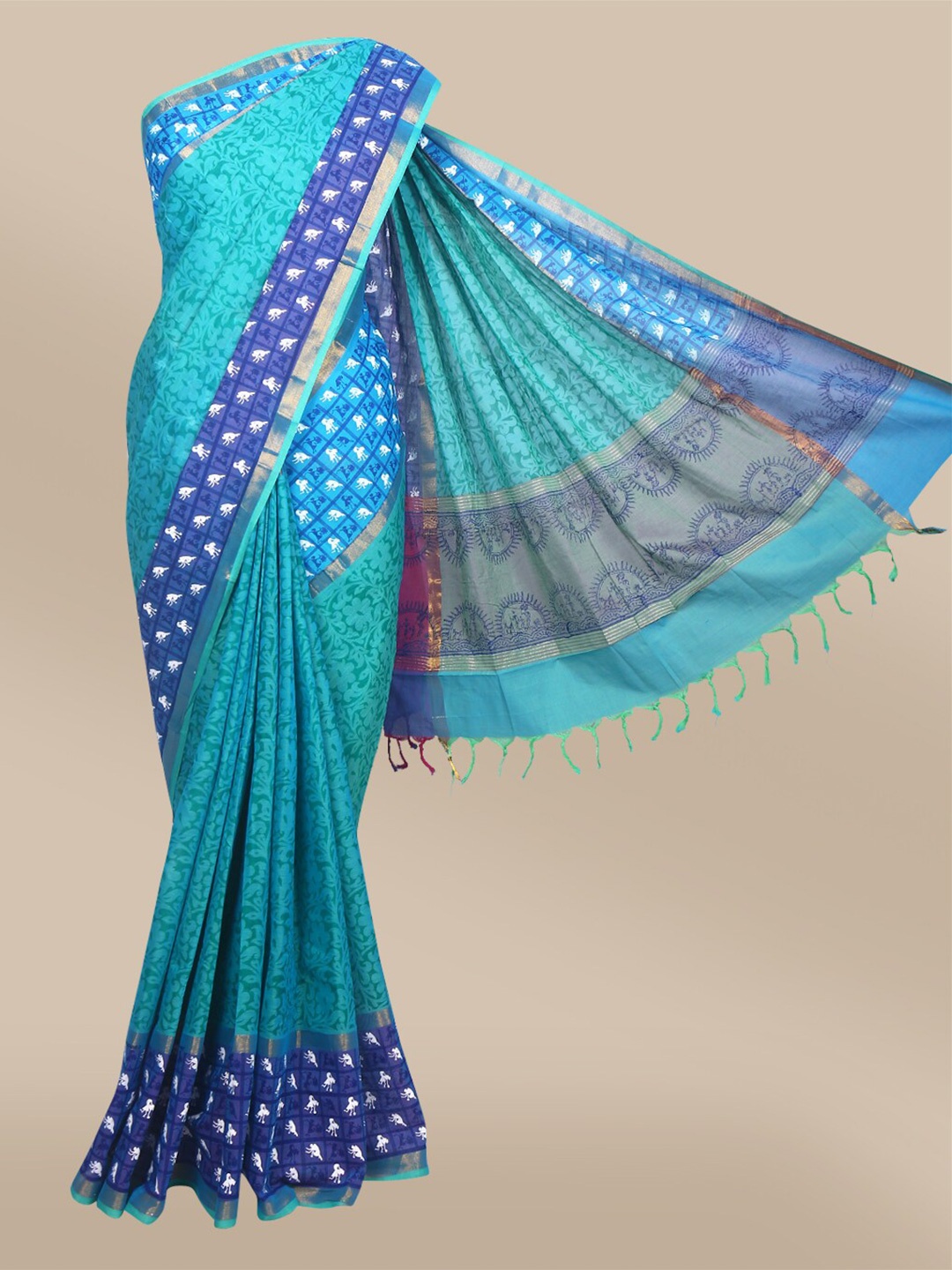 

The Chennai Silks Green & Blue Floral Zari Pure Cotton Chanderi Saree