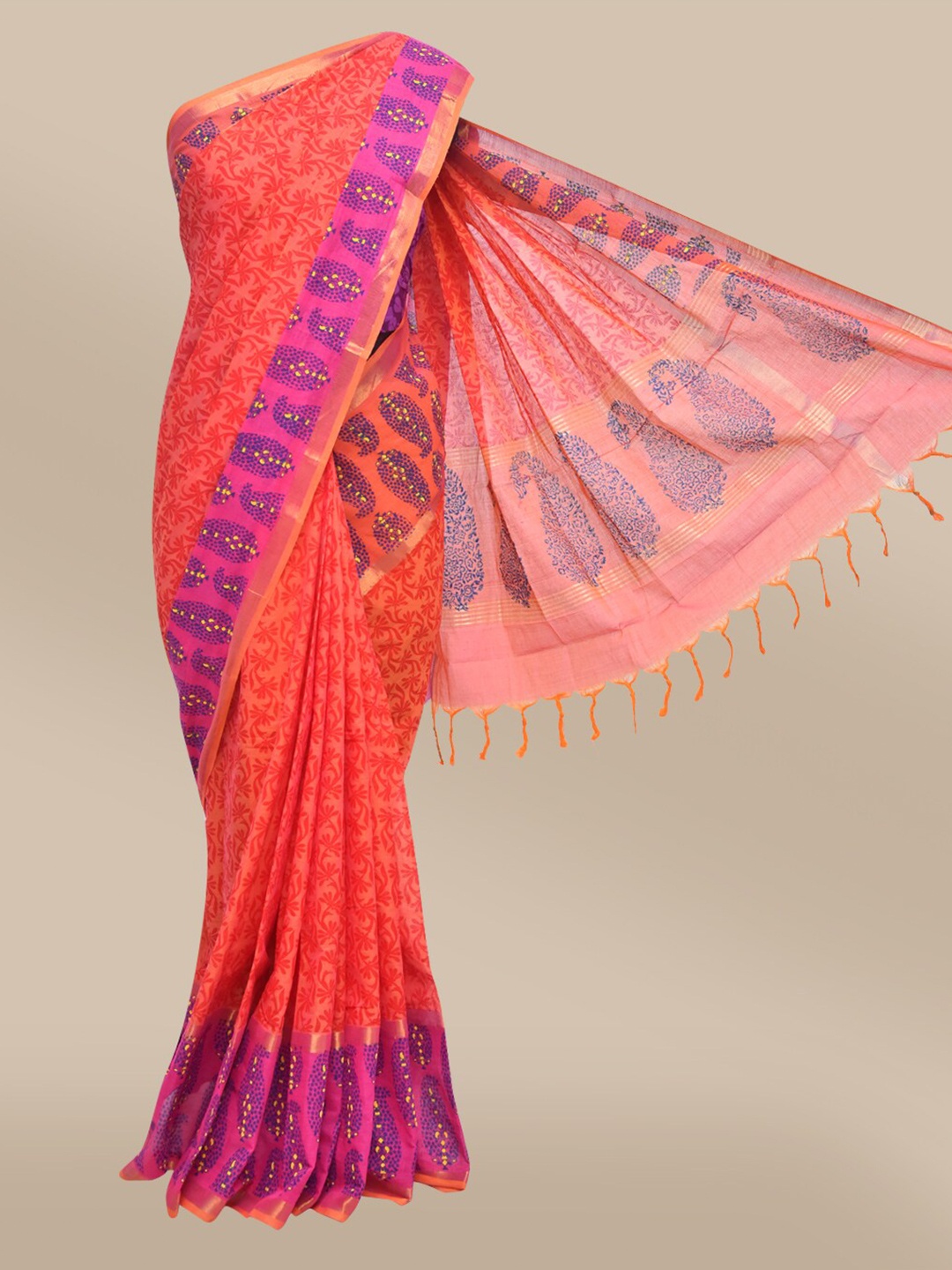 

The Chennai Silks Orange & Pink Floral Printed Pure Cotton Chanderi Saree