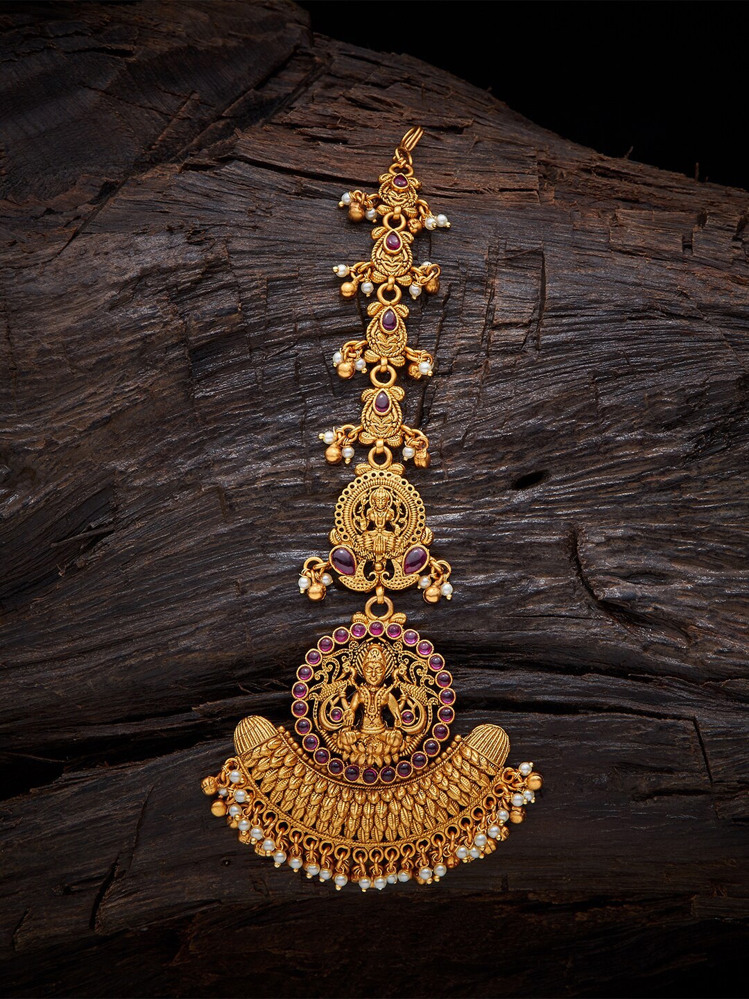 

Kushal's Fashion Jewellery Gold-Plated Pink Stone-Studded & Beaded Temple Maangtikka