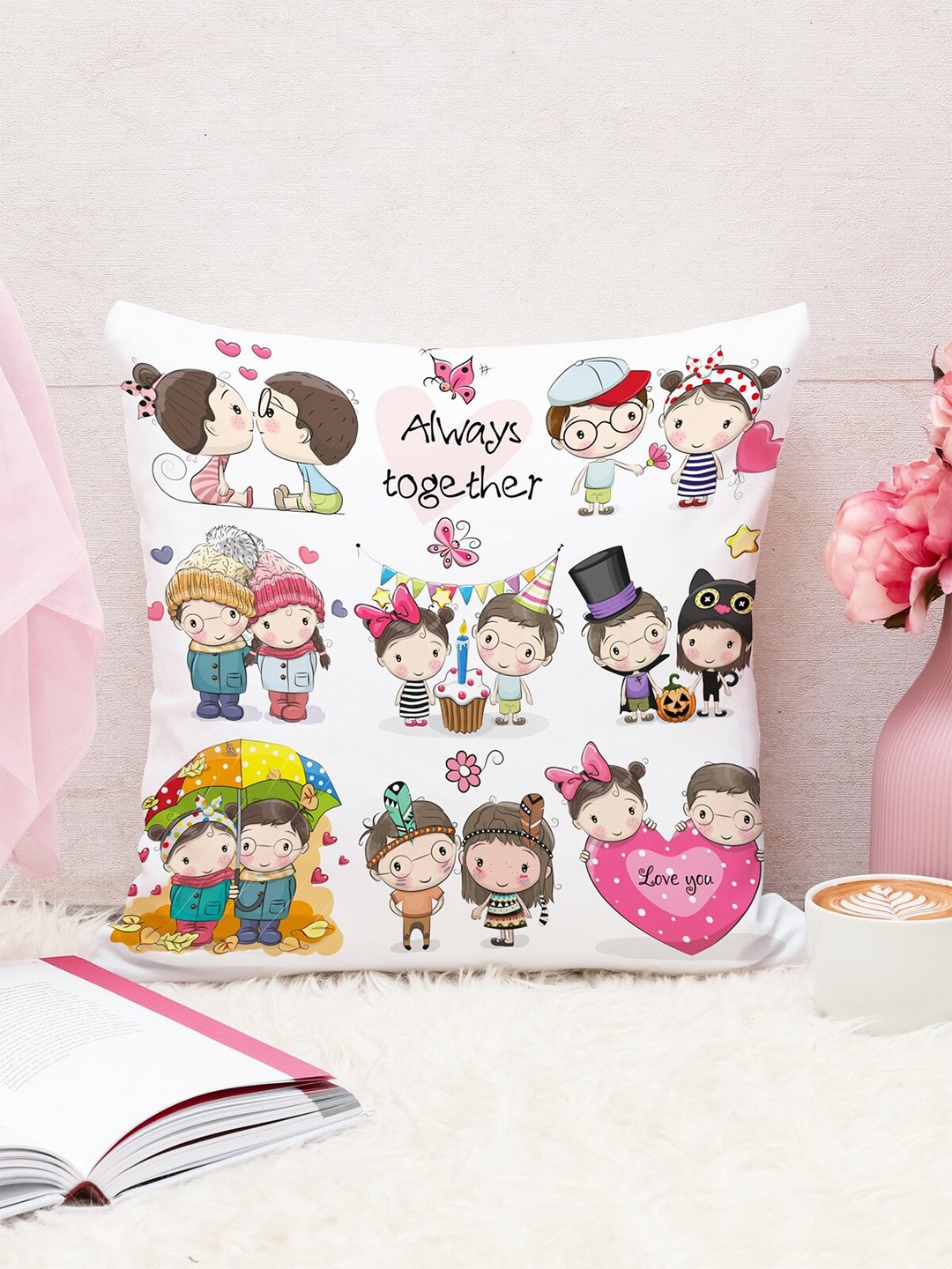 

STITCHNEST White & Multicoloured Quirky Valentine Square Cushion Covers