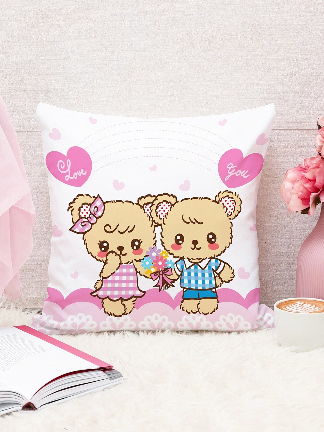 

STITCHNEST Brown & Pink Cartoon Printed Cotton Square Cushion Covers