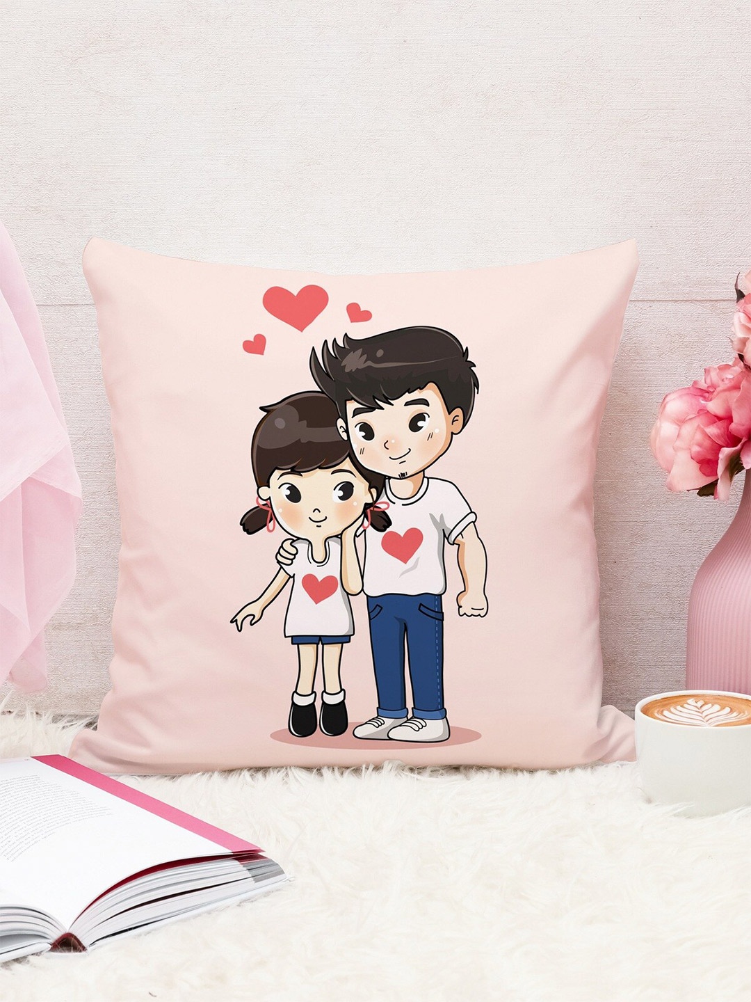 

STITCHNEST Pink & White Single Abstract 12"X12" Square Cushion Covers