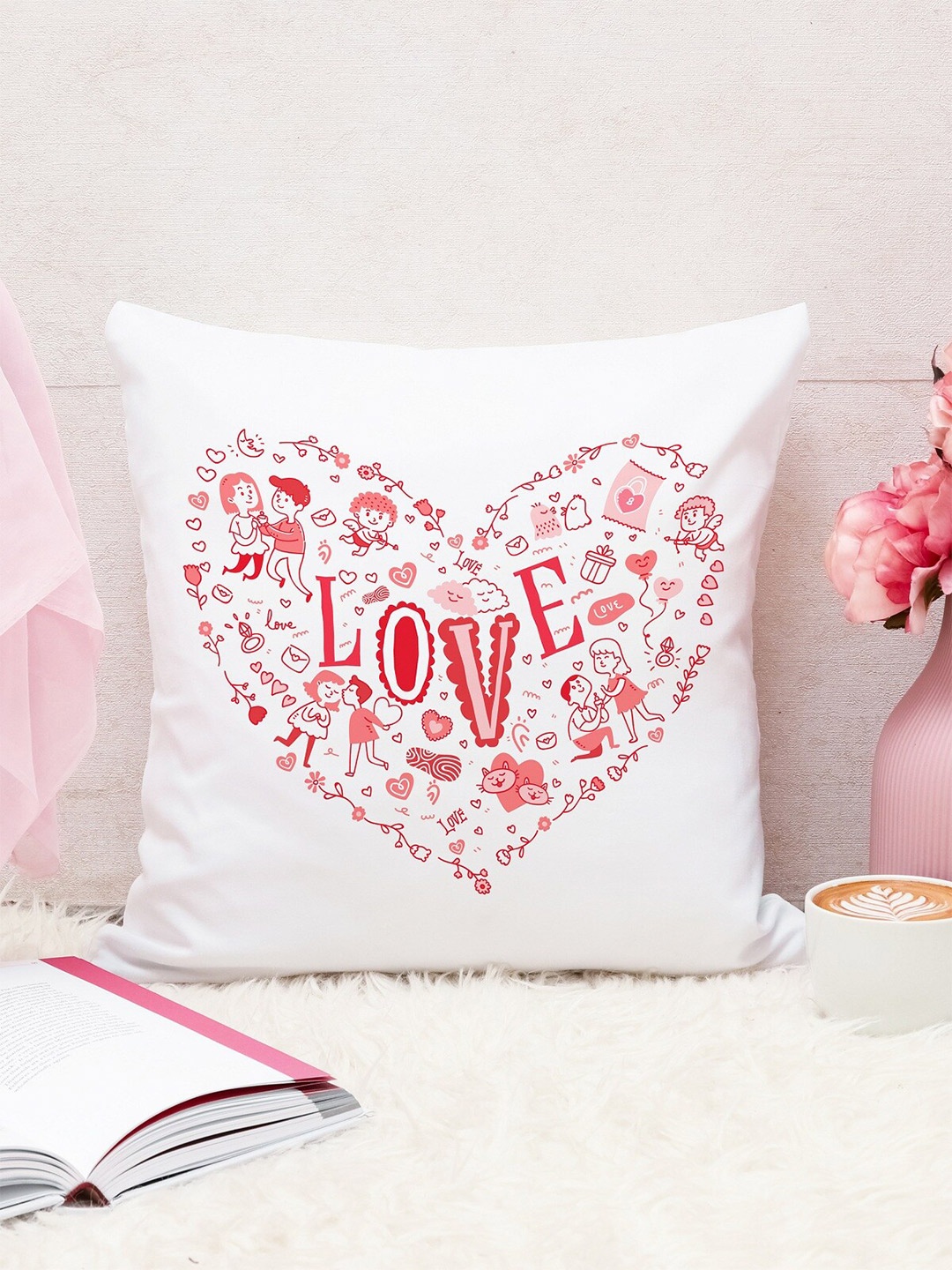 

STITCHNEST Red & White Valentine Love Printed Square Cushion Covers
