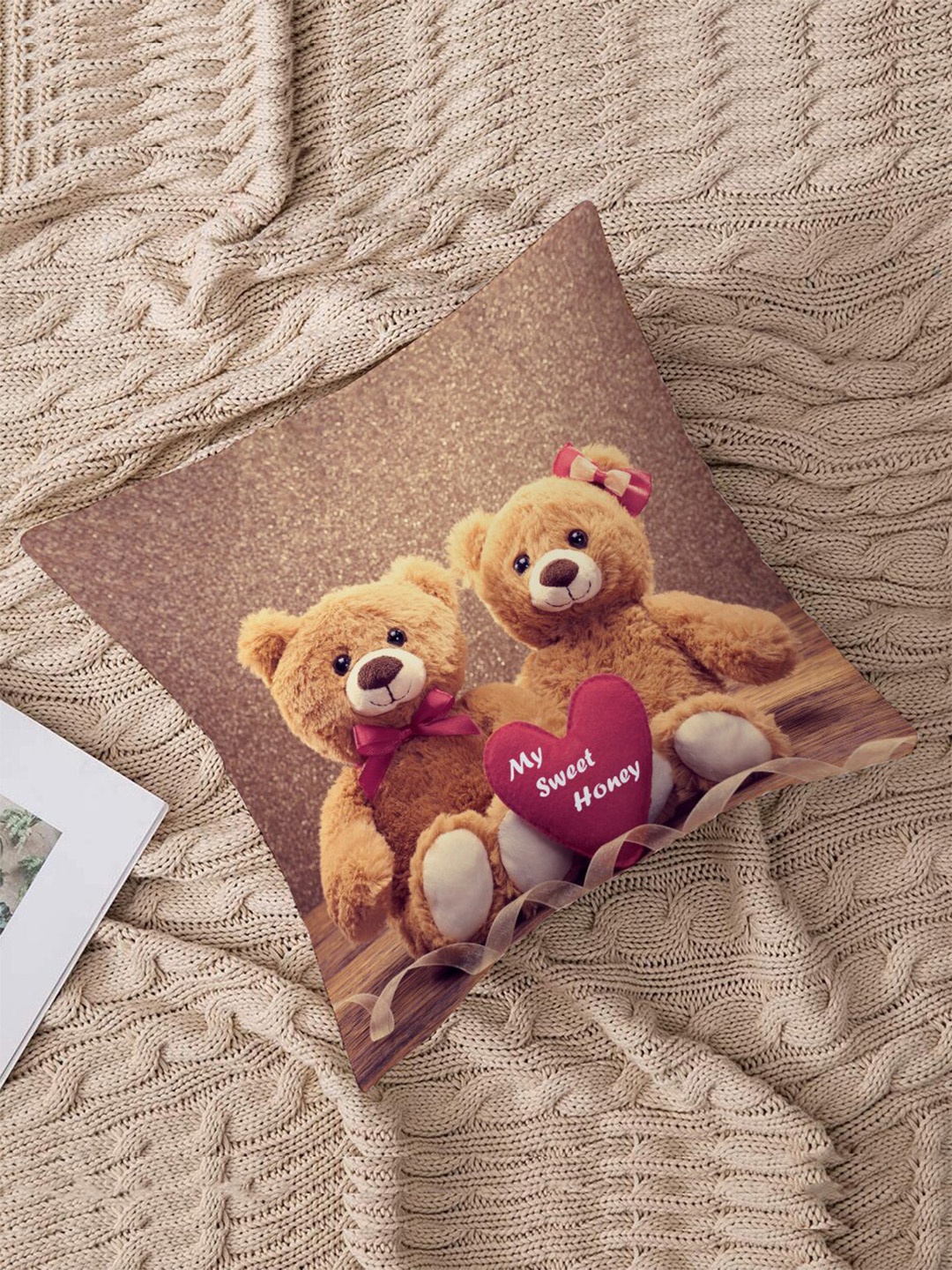

STITCHNEST Brown & Yellow Cartoon Characters 16" x 16" Square Cushion Cover with Filler
