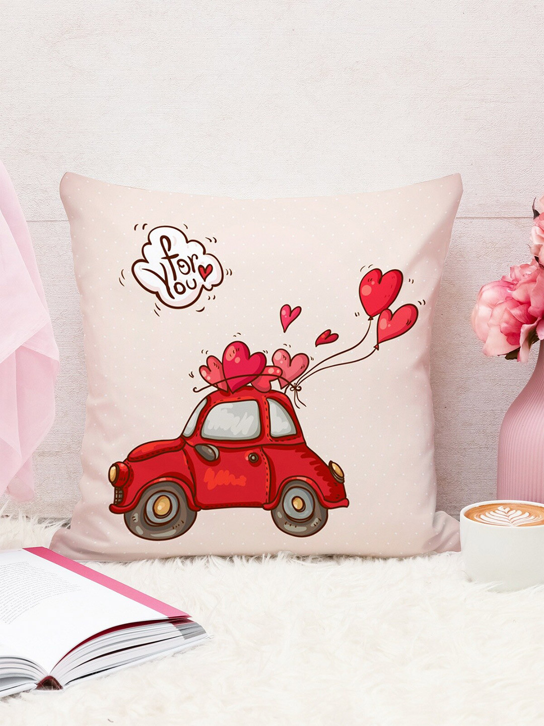 

STITCHNEST Unisex Peach & Red Quirky Printed Square Cushion Covers