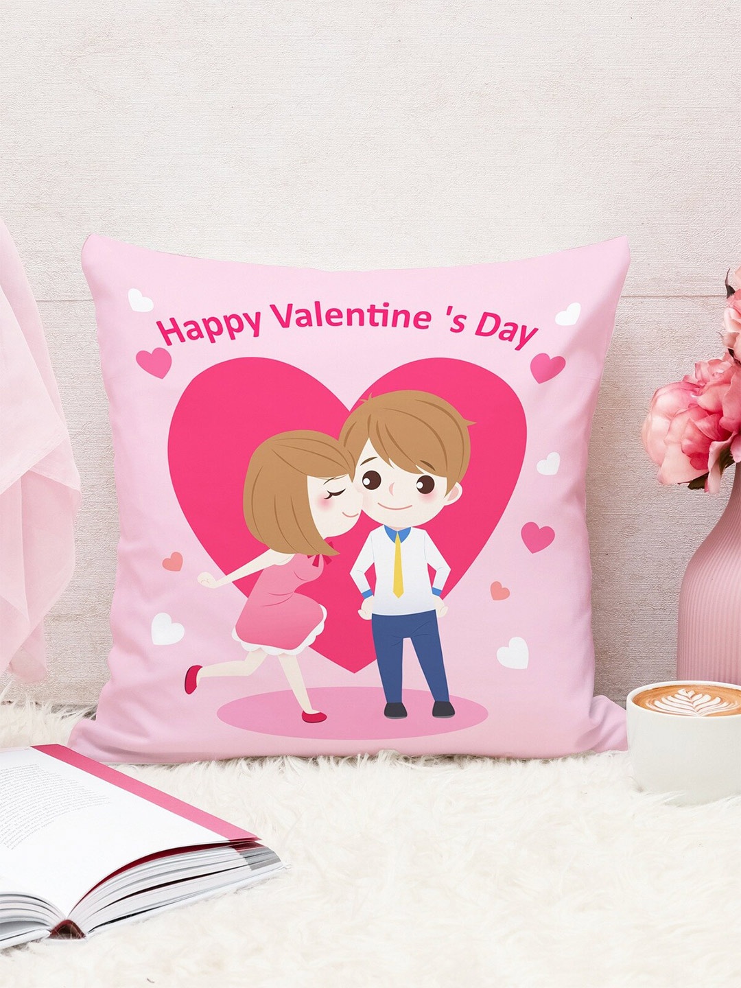 

STITCHNEST Pink & White Valentine Printed Cotton Square Cushion Cover