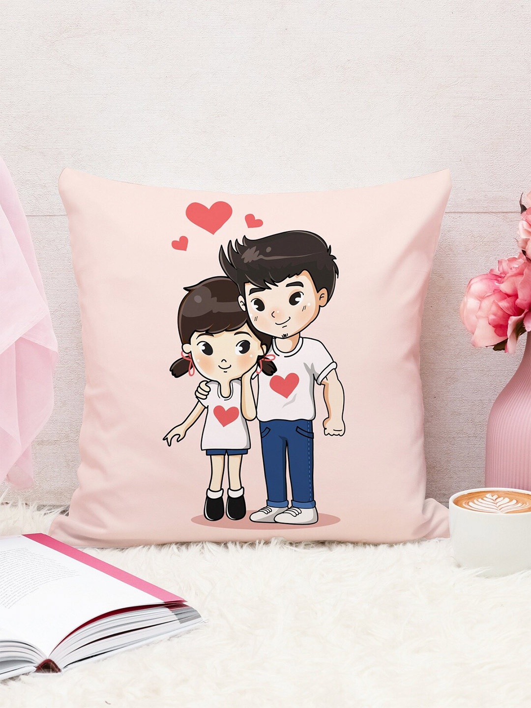 

STITCHNEST Pink & White Square Valentine Cushion Covers With Filler