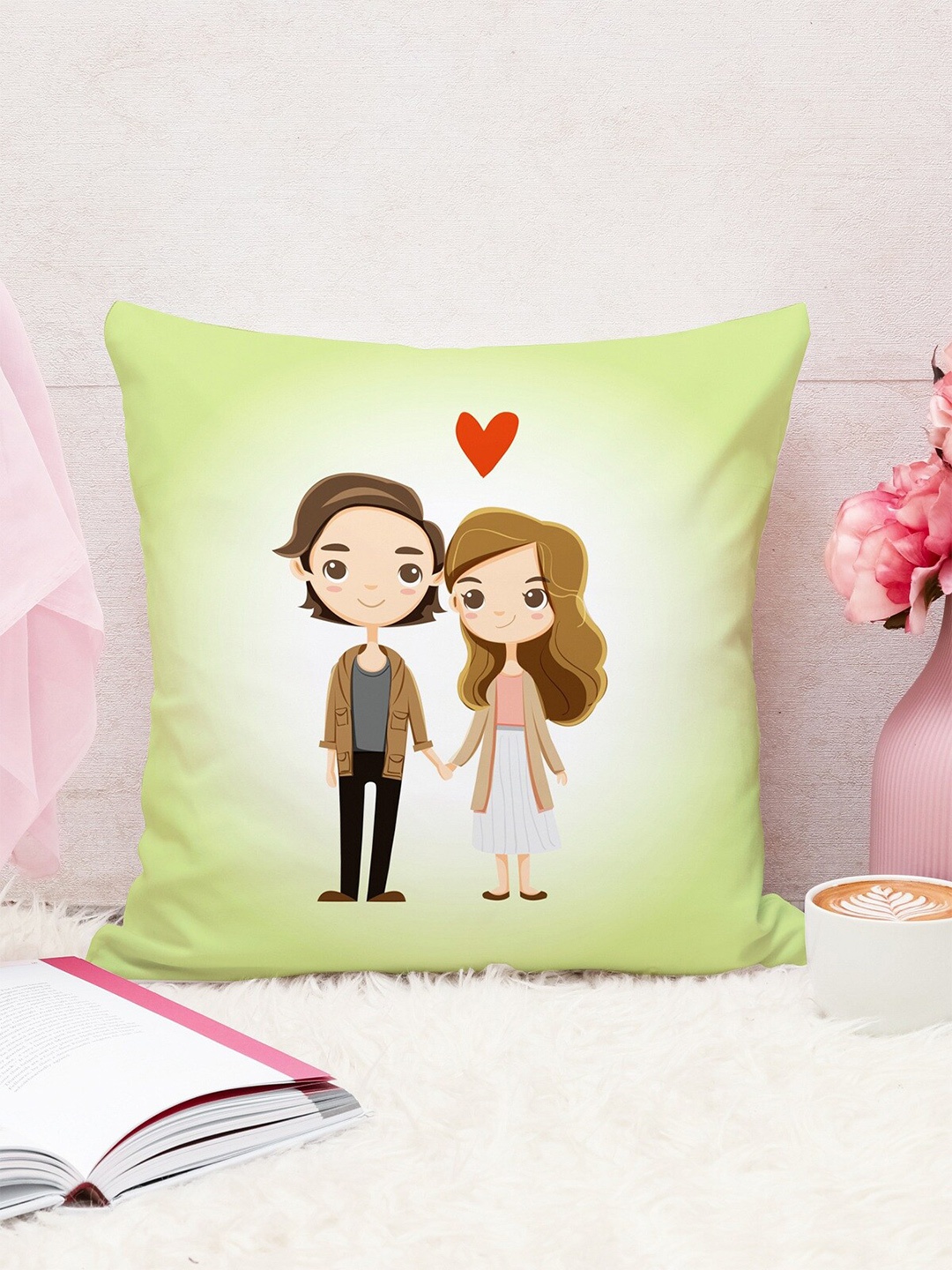 

STITCHNEST Green & Red Valentine Couple Printed Square Cushion Covers