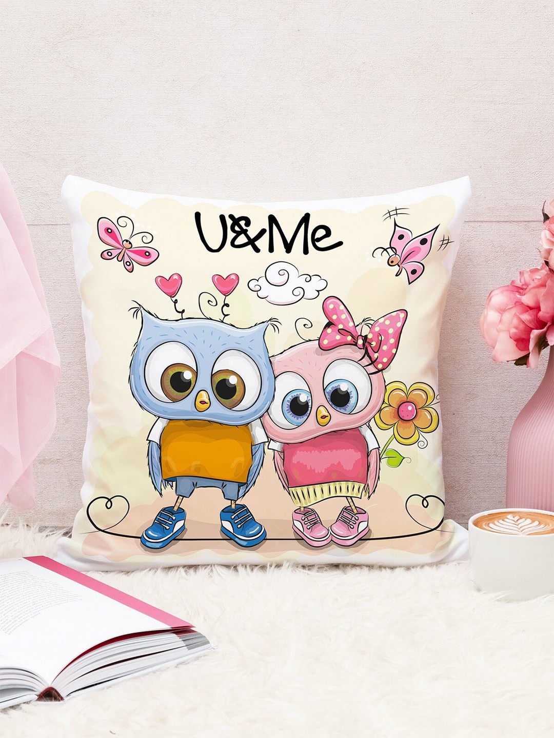 

STITCHNEST Peach-Coloured & Blue Cartoon Characters Square Cushion Covers
