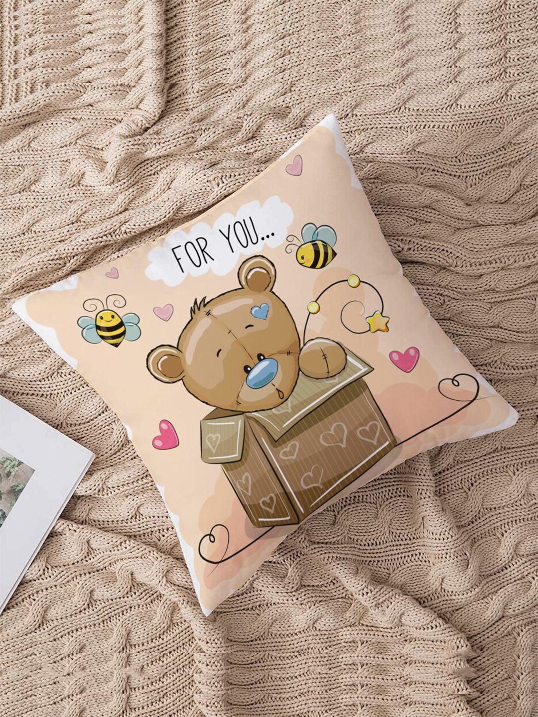 

STITCHNEST Brown & Peach Cartoon Characters Printed Square Cushion Covers