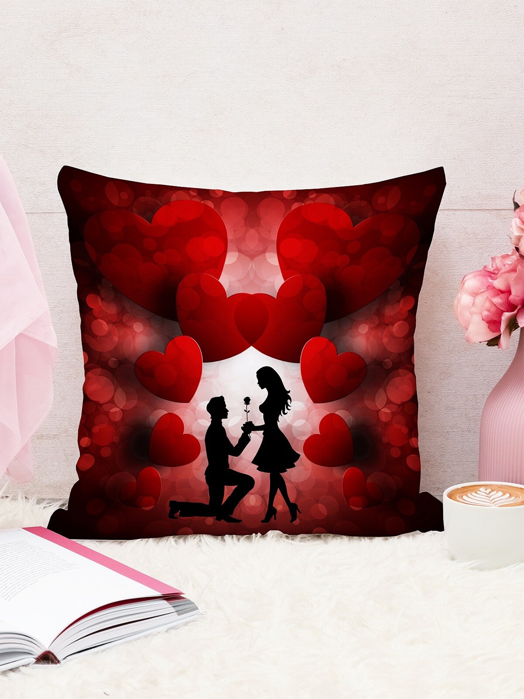 

STITCHNEST Red & Black Square Valentine Cushion Covers With Filler