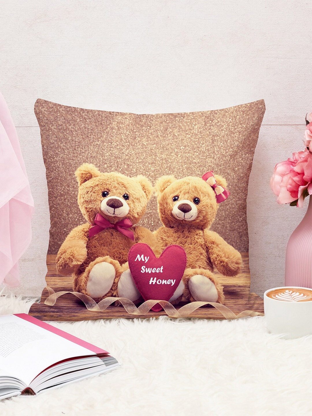 

STITCHNEST Unisex Brown & Pink Cartoon Characters Printed Square Cushion Covers