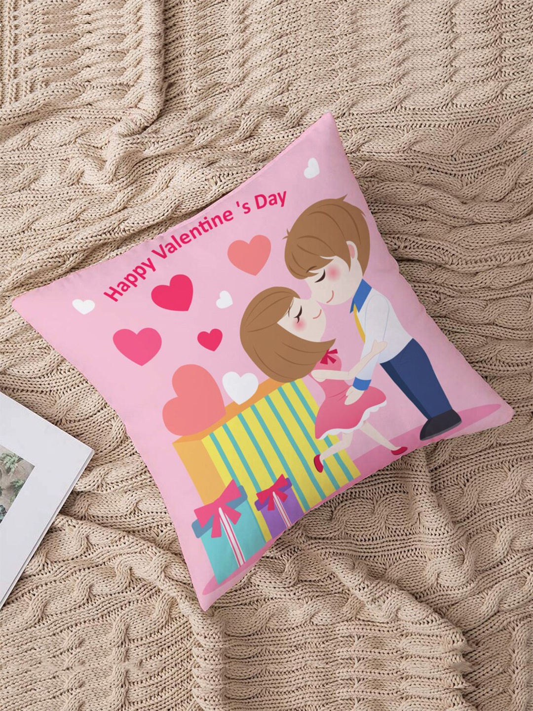 

STITCHNEST Pink & Yellow Happy Valentine's Day Printed Square Cushion Covers