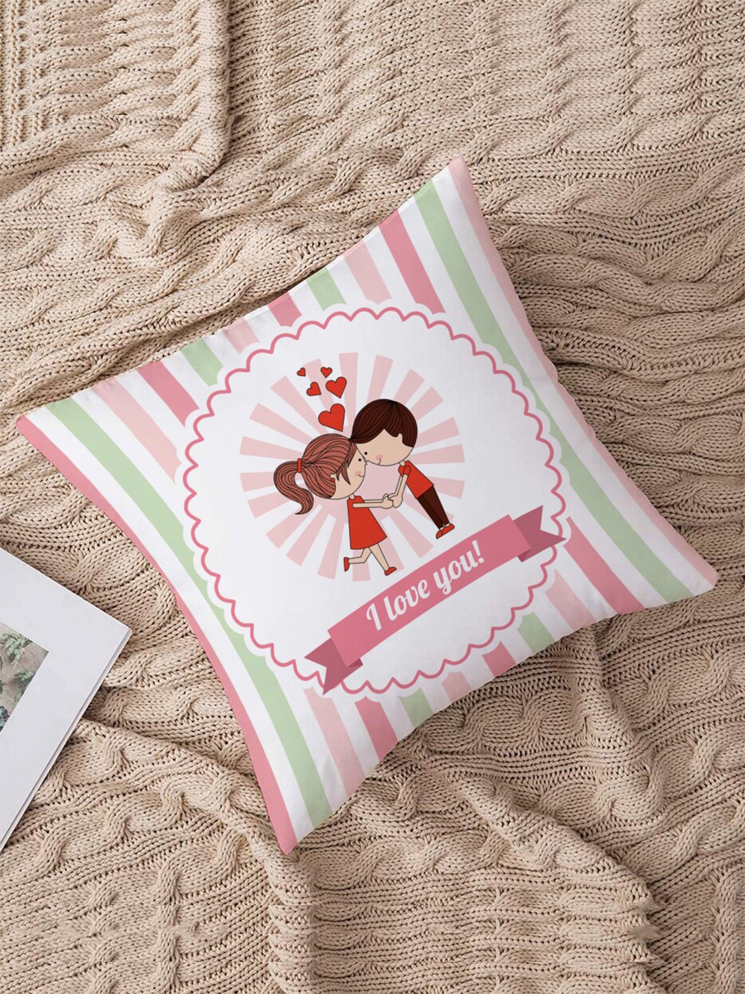 

STITCHNEST Pink & White Valentine Printed Cotton Square Cushion Covers
