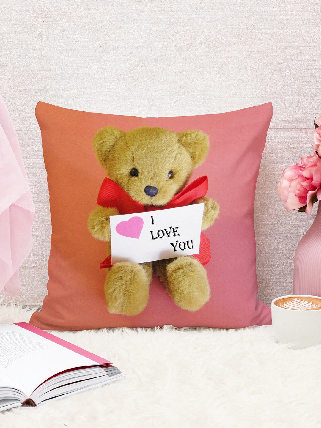 

STITCHNEST Unisex Peach & Yellow Cartoon Characters Printed Square Cushion Covers