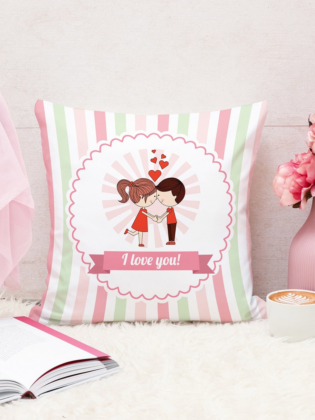

STITCHNEST Pink & White Cartoon Characters 16" x 16" Square Cushion Cover with Filler