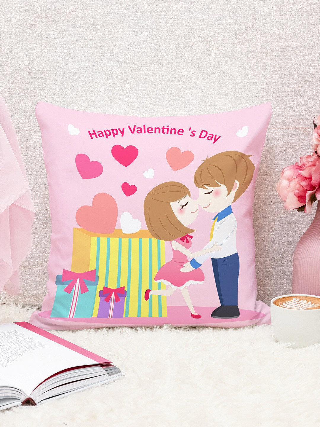 

STITCHNEST Pink & Yellow Valentine Printed Cotton Square Cushion Covers