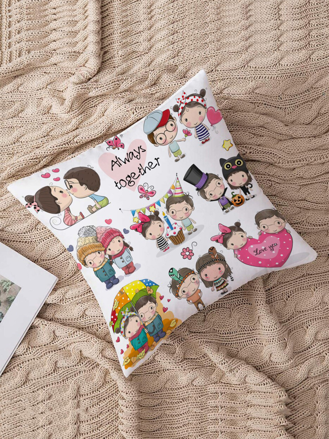 

STITCHNEST Unisex White & Pink Cartoon Characters Printed Square Cushion Covers