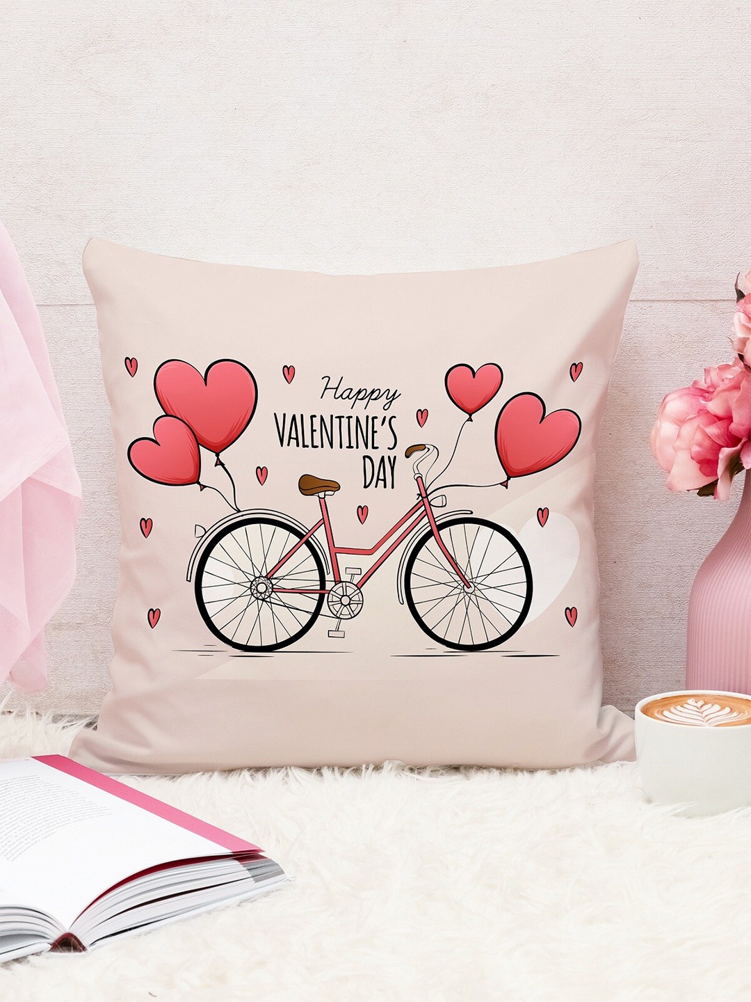 

STITCHNEST Pink & Black Happy Valentine's Day Printed Square Cushion Covers