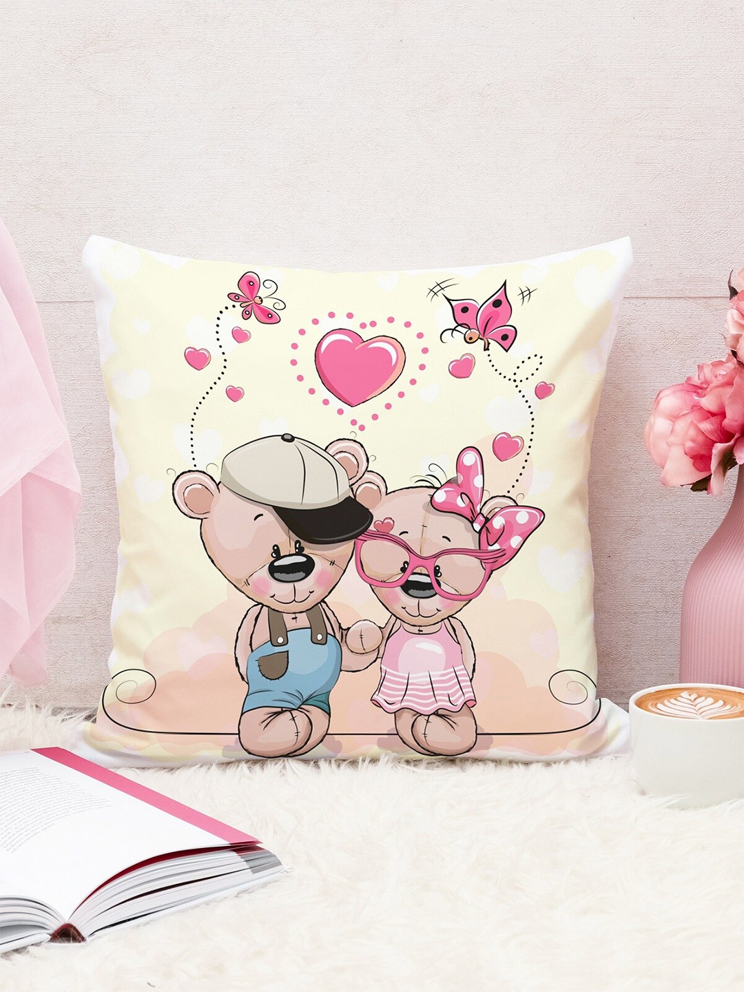 

STITCHNEST Unisex Yellow & Pink Cartoon Characters Printed Square Cushion Covers