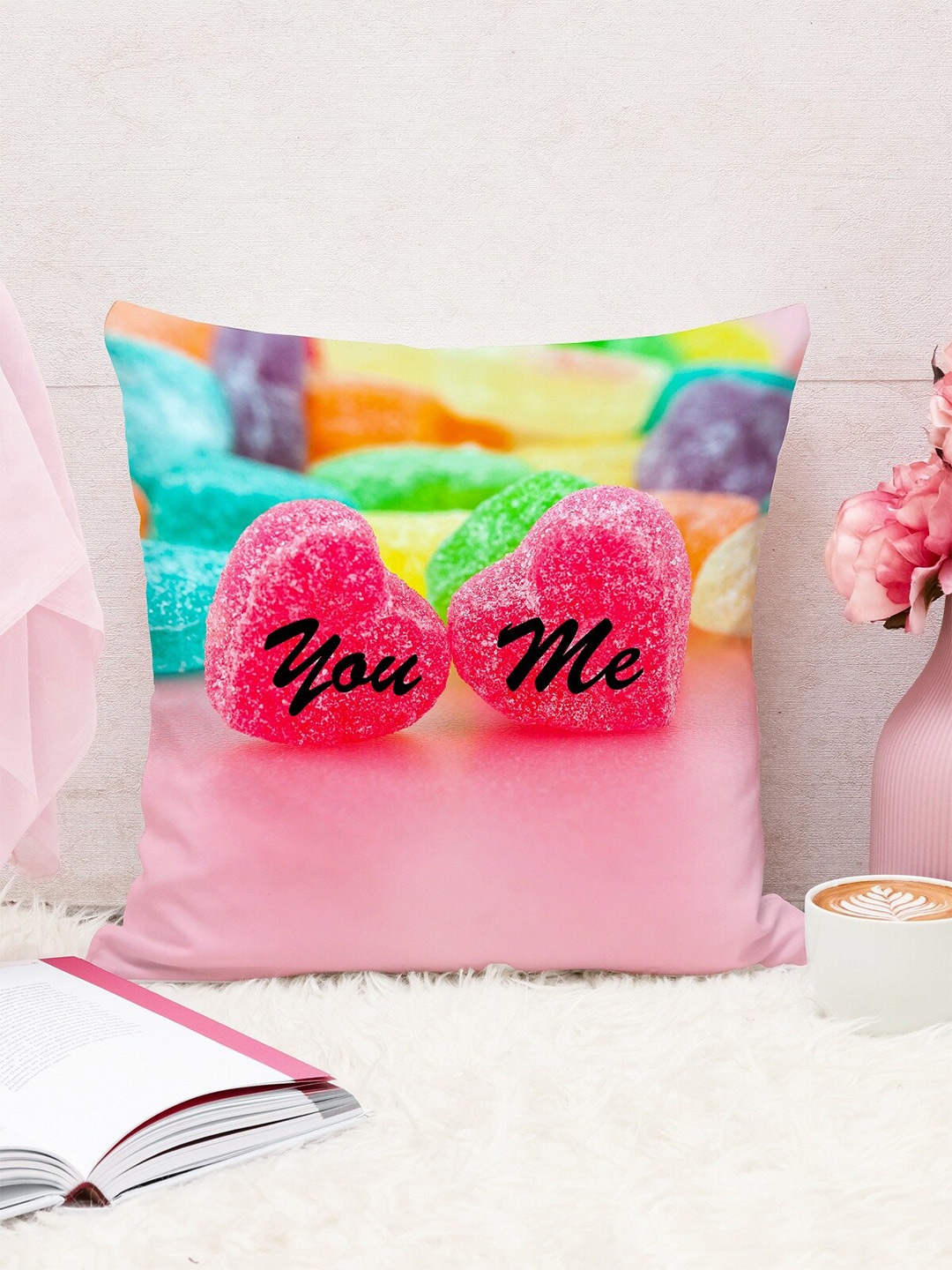 

STITCHNEST Unisex Pink & Green Quirky Printed Square Cushion Covers