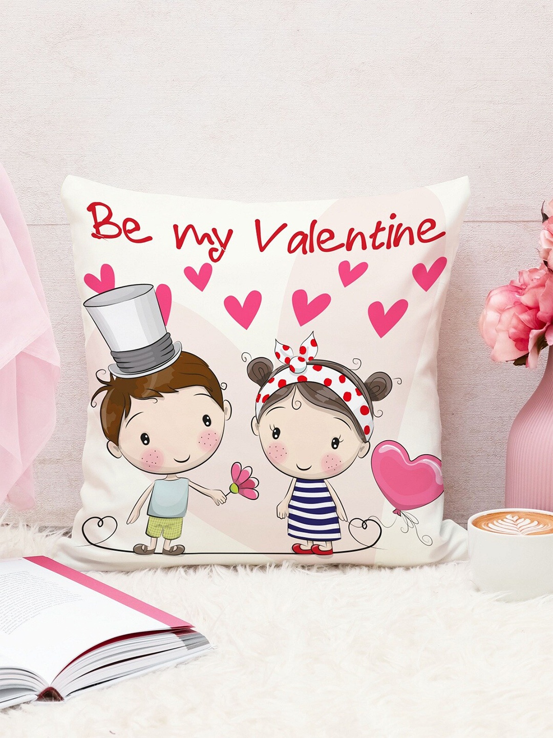 

STITCHNEST Pink & Off White Be My Valentine Printed Square Cushion Covers