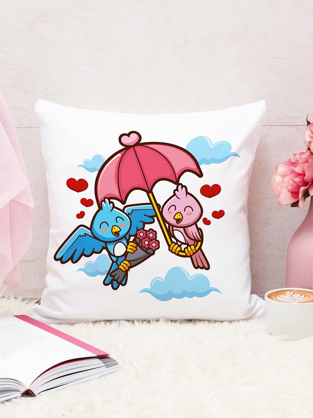 

STITCHNEST Blue & Pink Cartoon Characters Printed Cotton Square Cushion Covers