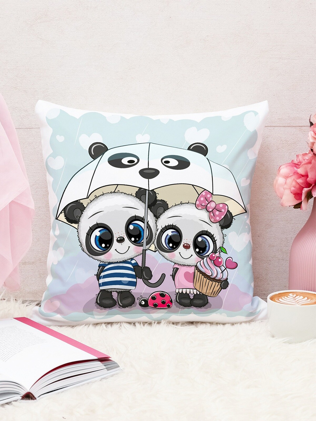 

STITCHNEST Blue & Pink Cartoon Characters Square Cushion Covers With Filler