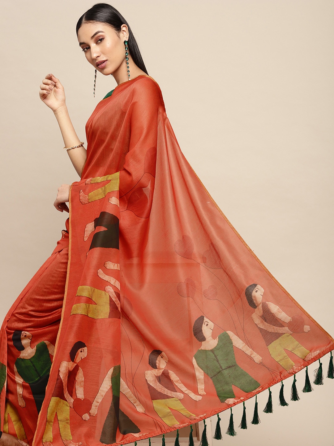 

VASTRANAND Orange & Green Kalamkari Zari Linen Blend Block Print Saree